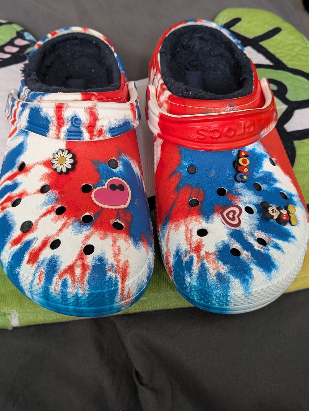 CROCS  Tie-Dye Red, White & Blue Fuzzy-Lined Clogs with Jibbitz
